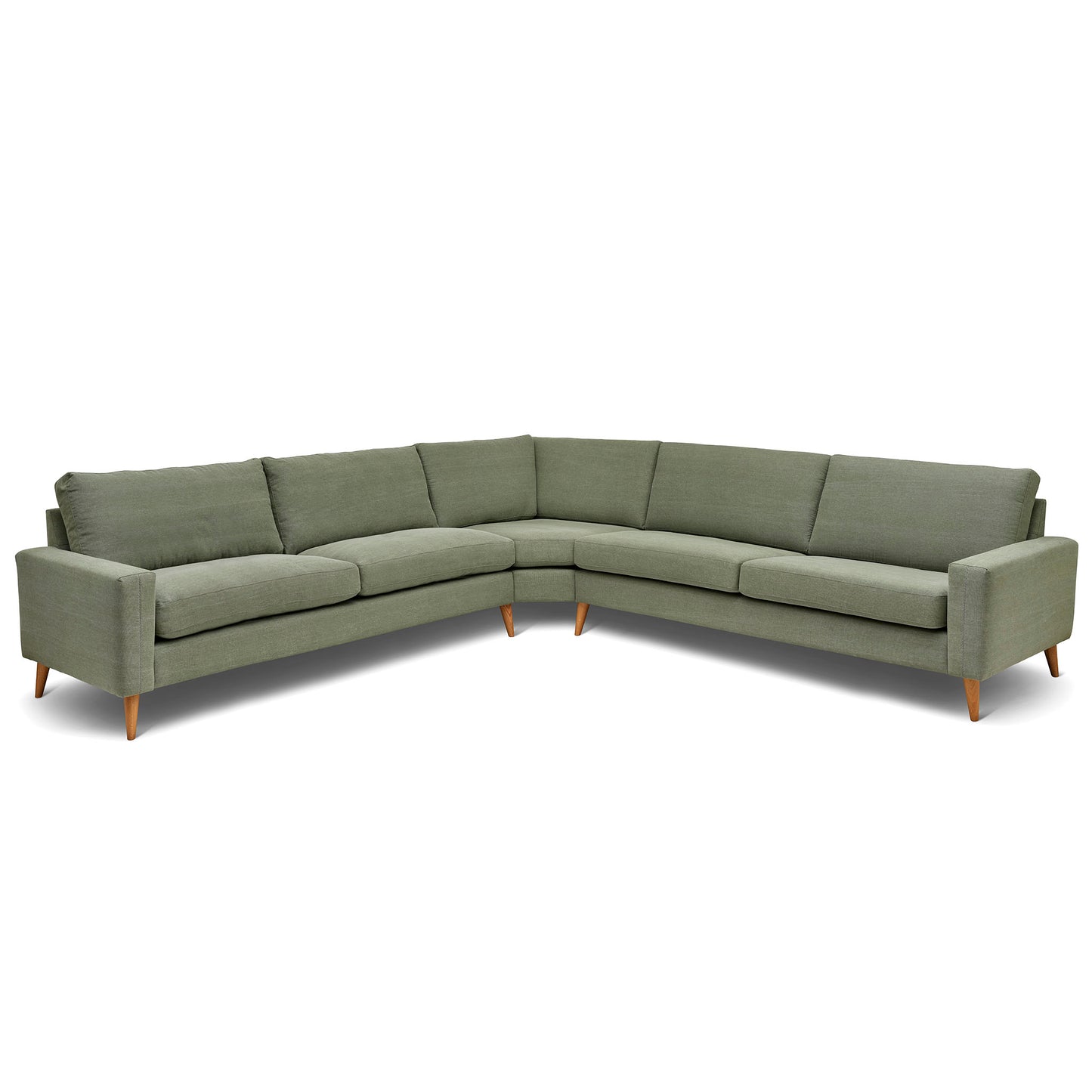Stor kvadratisk hörnsoffa med måttet 321x321 cm. Sittvänlig soffa för äldre i grågrönt tyg