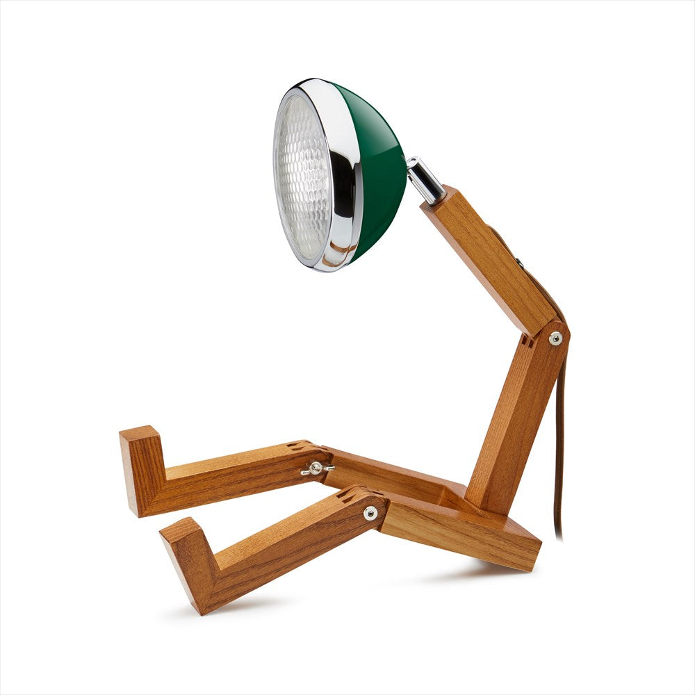 Lekfull lampa i form av en figur med ben och en lampa som huvud. Färg: Chiltern Green.