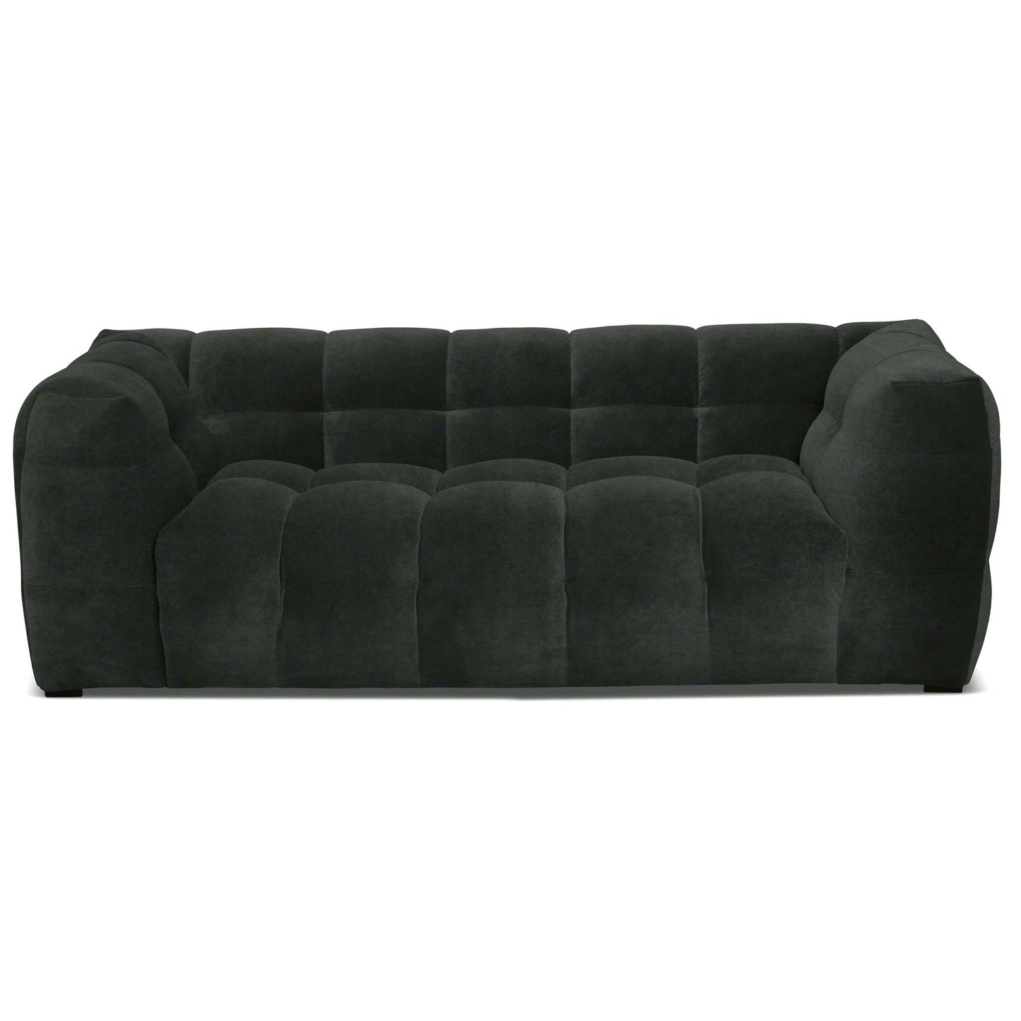 Läcker liten 2-sits soffa i mörkgrön sammet av hög kvalitet. Bubbligt designspråk.